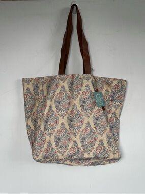 NWT Patterned Canvas Tote Bag with Tan Faux Leather Handles and Tassel